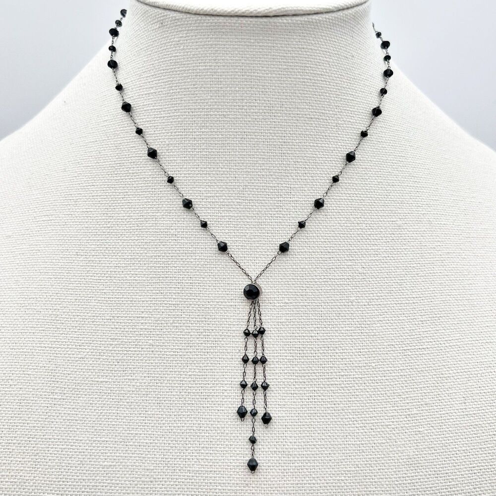 Vintage Y Drop Black Beaded Rosary Chain Dainty Victorian Dangling Necklace 16”
